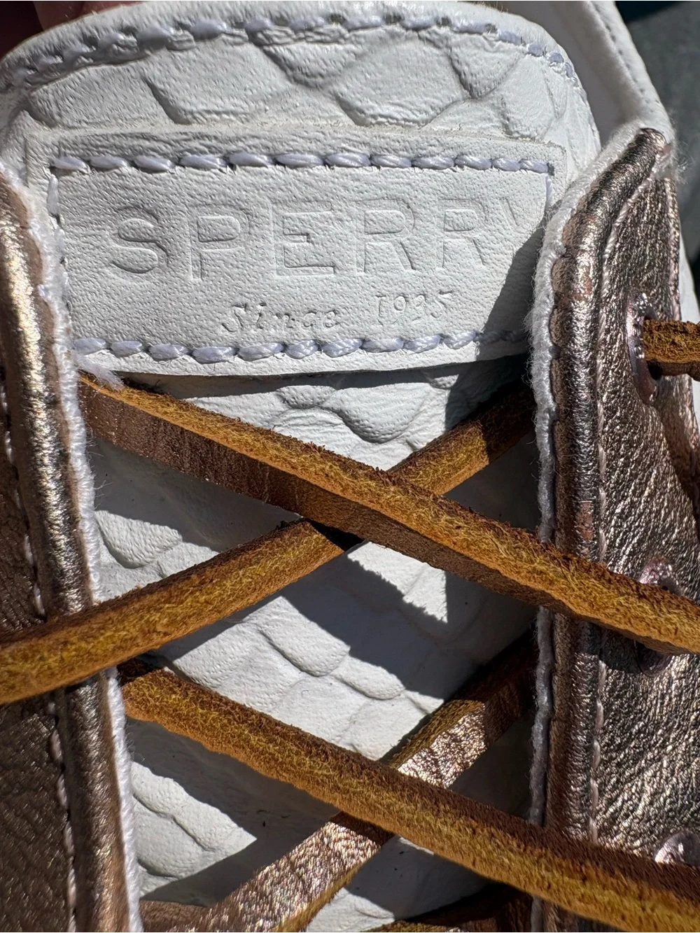 Sperry White Woven Low-Top Sneaker with Metallic Rose Accents